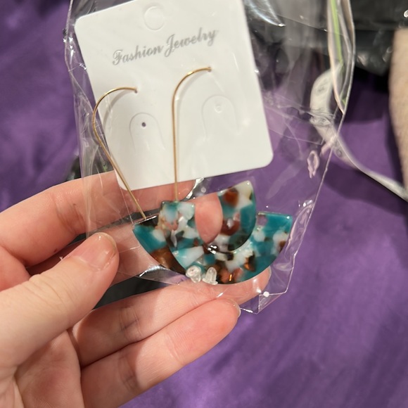 Dangle blue brown white acrylic earring extra backs and storage pouch - Picture 2 of 3